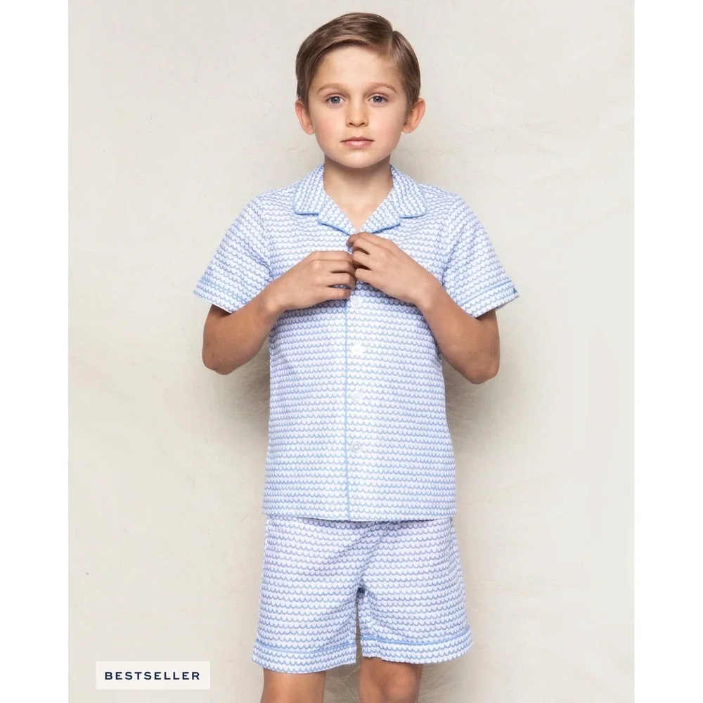 Petite Plume Twill Pajama Short Set Boys 5 Blue La Mer Nautical Preppy Waves Pjs